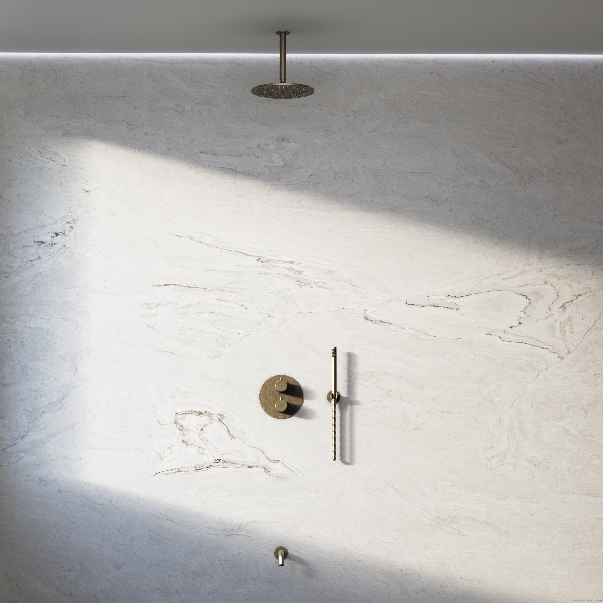 Image of Origin 3-Way Thermostatic Shower Set – Ceiling Mounted Overhead, Straight Hand Shower & Short Spout - Cavari