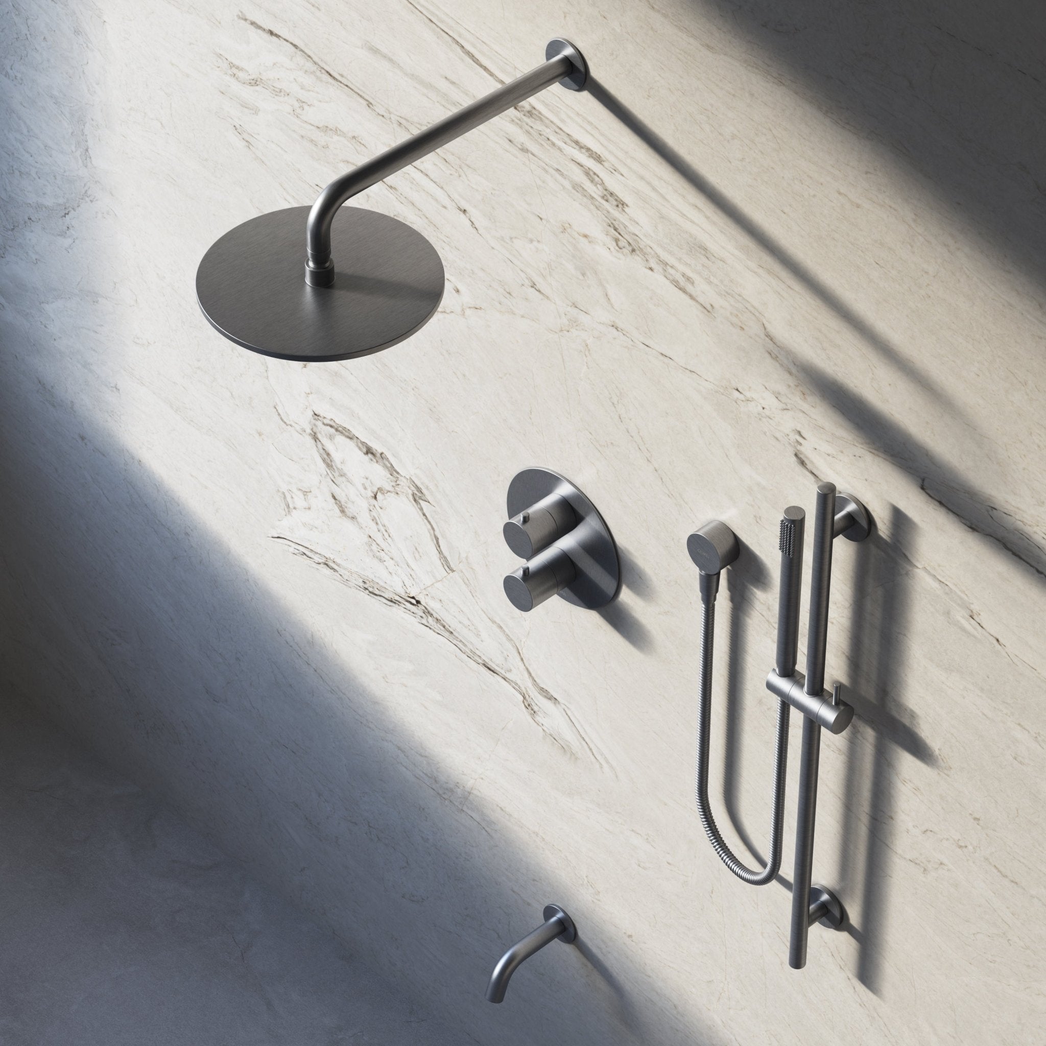 Image of Origin 3-Way Thermostatic Shower Set – Overhead, Slide Rail Hand Shower & Short Spout - Cavari