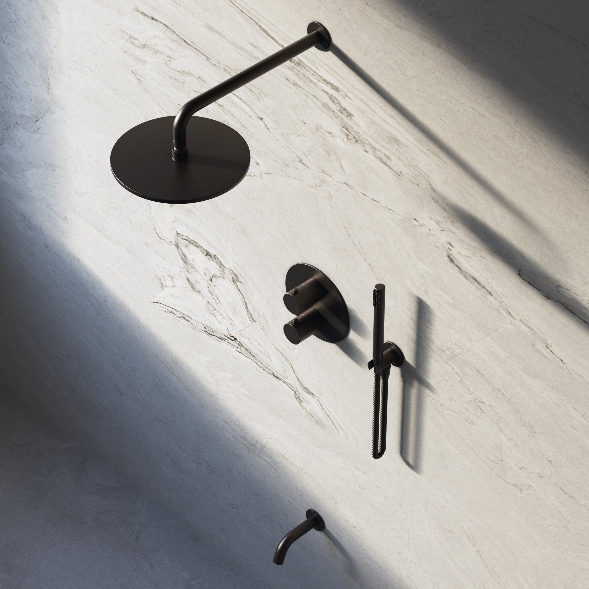 Image of Origin 3-Way Thermostatic Shower Set – Overhead, Straight Hand Shower & Short Spout - Cavari