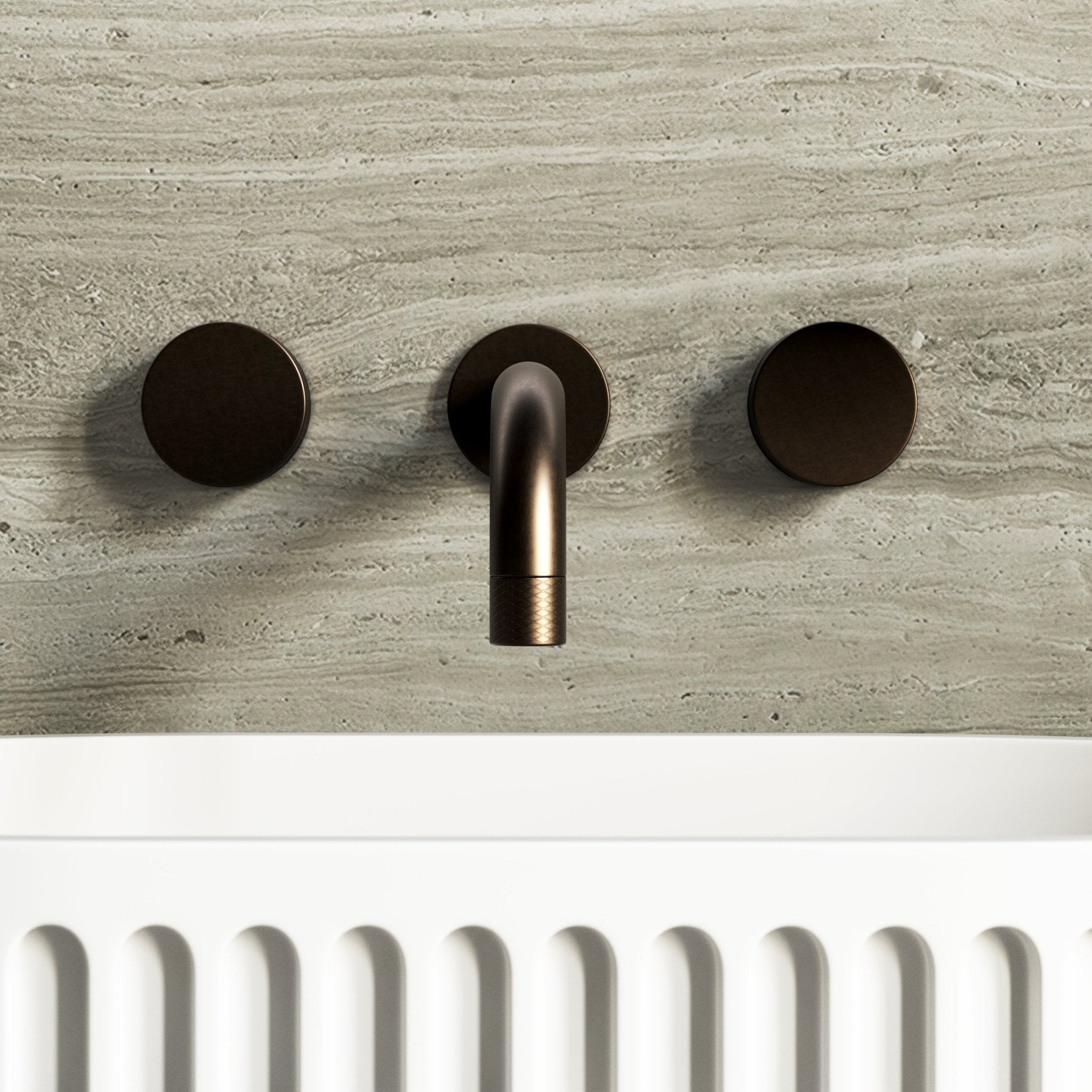 Image of Strata Wall Mounted Basin Tap – Double Handle, Long Spout - Cavari