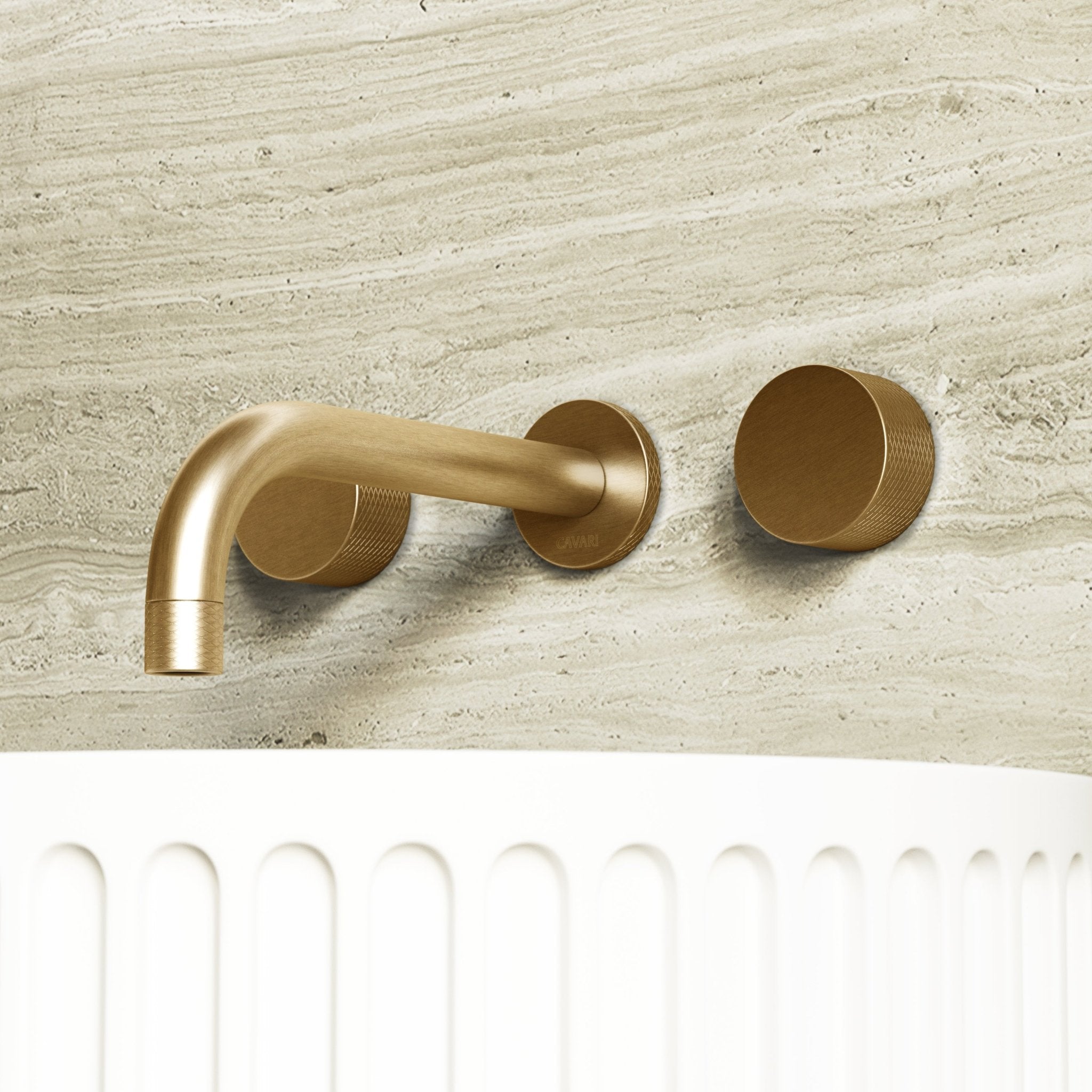 Image of Strata Wall Mounted Basin Tap – Double Handle, Long Spout - Cavari