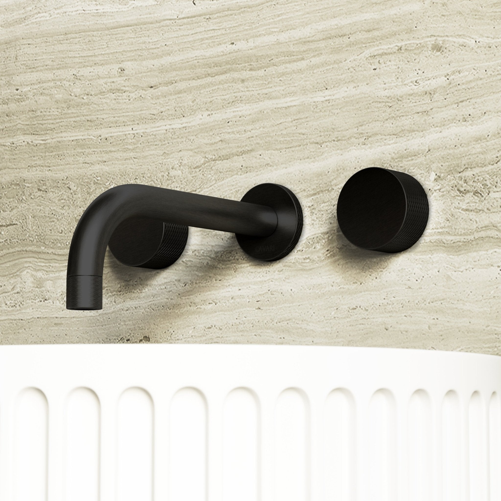 Image of Strata Wall Mounted Basin Tap – Double Handle, Long Spout - Cavari
