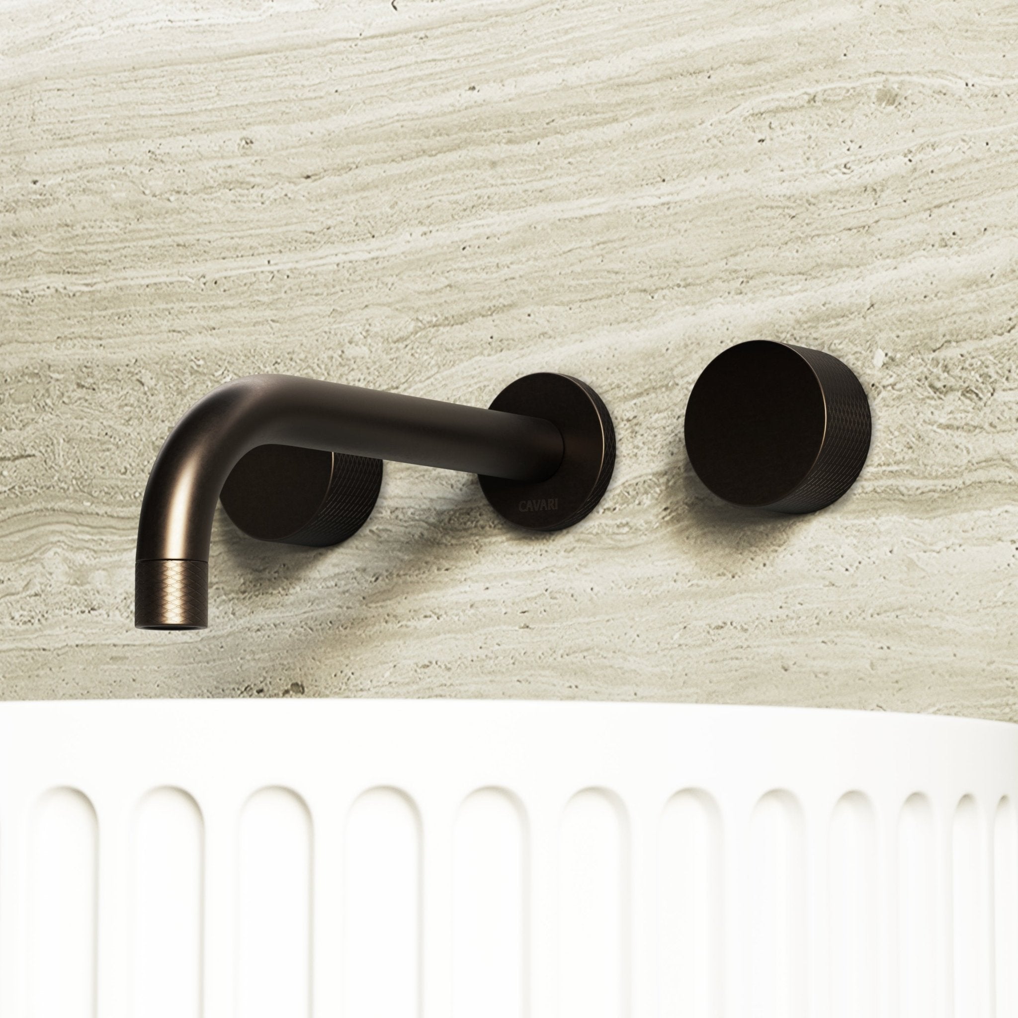 Image of Strata Wall Mounted Basin Tap – Double Handle, Long Spout - Cavari